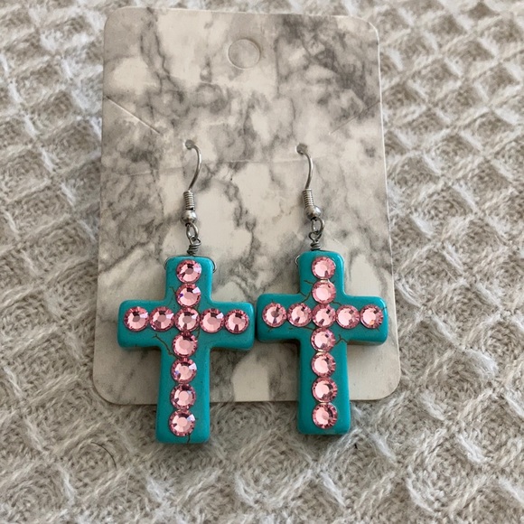 Turquoise Cross Earring with Pink Rhinestones - Picture 2 of 4